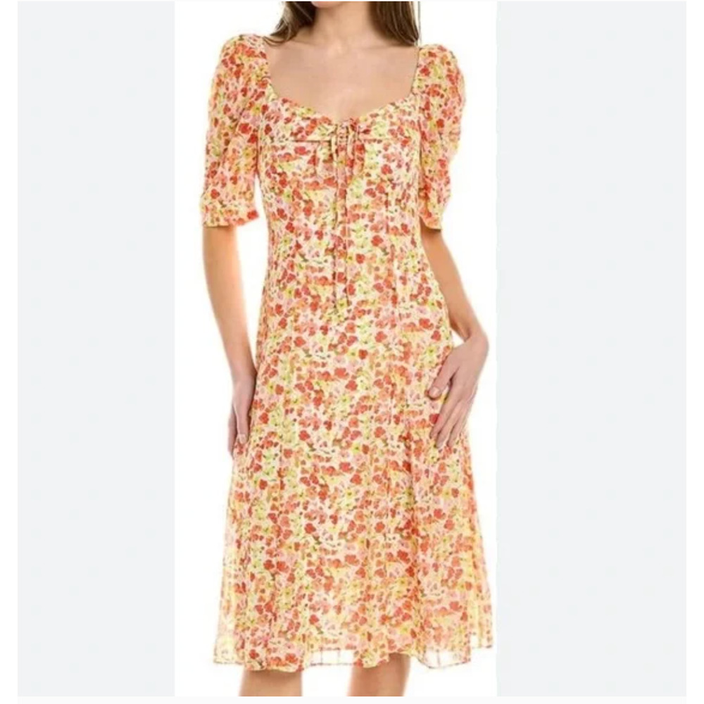 BCBGeneration Fit & Flare‎ Dress Womens 6 Orange Ditsy Floral Puff Short Sleeve